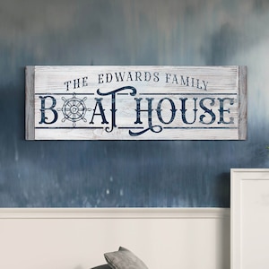 Personalized Boat House Sign, Custom Beach House Wall Art With Family Name And Est Year, Helm Wall Decor, Coastal Home Canvas Decor