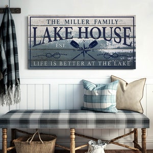 Custom Lake House Sign, Personalized Lake House Decor, Family Lake Life Wall Art, Cottagecore Cabin Decor, Rustic Entryway Canvas Art Gifts