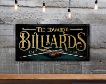 Personalized Billiards Sign, Custom Billiards Sign, Farmhouse Wall Decor, Vintage Game Room Decor, Man Cave Wall Art, Billiards Room Decor