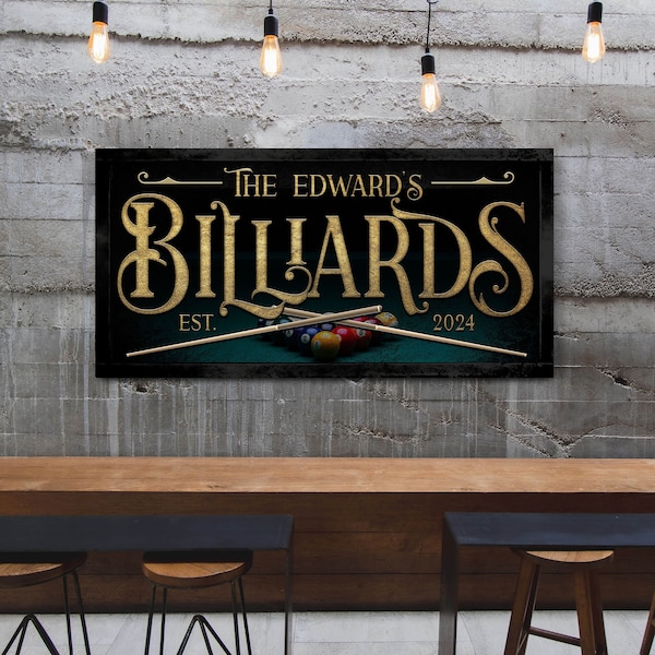 Personalized Billiards Sign, Custom Billiards Sign, Farmhouse Wall Decor, Vintage Game Room Decor, Man Cave Wall Art, Billiards Room Decor