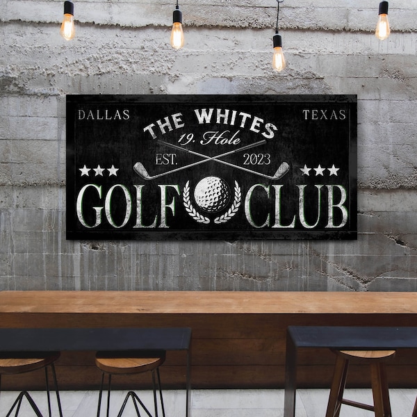 Enseigne personnalisée de club de golf 19e trou, art mural équipe de golf personnalisé, décoration murale de golf de ferme moderne, impression sur toile de salon de club de golf rustique