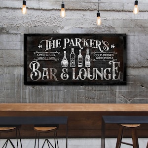 Personalized Bar & Lounge Canvas Decor, Home Bar Sign With Name, Rustic Pub Canvas Art, Basement Garage Man Cave Wall Art, Farmhouse Decor
