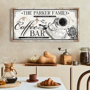 Sinal de barra de café personalizado, arte de parede com nome de café personalizado, decoração de cafeteria, decoração rústica de cozinha, arte em tela de estação de café, presentes de casa