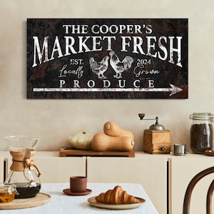 Personalized Market Fresh Produce Sign, Custom Family Name Farmer&#39;s Market Decor, Modern Farmhouse Wall Art, Family Homestead Canvas Print