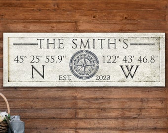 Signo de coordenadas personalizadas con apellido, arte de pared de latitud de longitud personalizado, decoración de pared de coordenadas GPS, impresión de lienzo de coordenadas del hogar