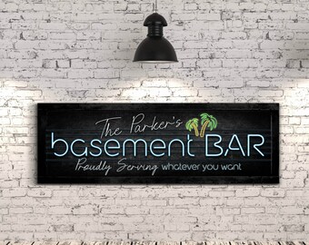 Personalized Basement Bar Sign, Custom Family Name Bar Wall Décor, Basement Garage Wall Art, Home Bar Canvas Art, Bar & Lounge Canvas Print