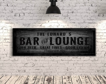 Personalisierte Bar und Lounge Schild, Benutzerdefinierte Hausbar Wandkunst mit Familiennamen, Rustikales Pub Dekor, Männerhöhle Keller Leinwand Kunst, Bauernhausdekor