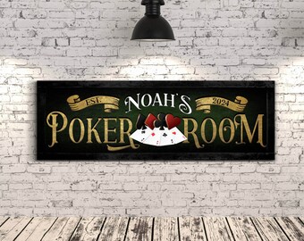 Personlig pokerrumsskylt, anpassad spelrumsväggdekor med namn, rustik modern lantlig väggkonst, man cave-spelkortsdekor på canvas