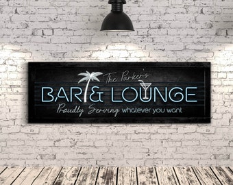 Benutzerdefinierte Bar und Lounge Zeichen, personalisierte Hausbar Wandkunst, Kellerbar Wanddekor, Bauernhaus Dekor, Manneshöhle Leinwand Kunst, Pub Leinwand Dekor