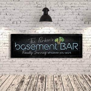 Personalized Basement Bar Sign, Custom Family Name Bar Wall Décor, Basement Garage Wall Art, Home Bar Canvas Art, Bar & Lounge Canvas Print