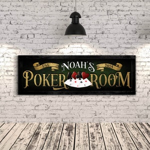 Personalisiertes Pokerraum-Zeichen, benutzerdefinierte Spielraum-Wanddekoration mit Namen, rustikale moderne Bauernhaus-Wandkunst, Mannhöhlen-Spielkarte-Leinwanddekoration
