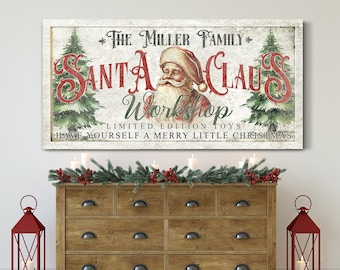 Personalized Santa Claus Workshop Sign With Name, Christmas Canvas Decor, Merry Christmas Toy Shop Canvas Art, Rustic Modern Farmhouse Decor