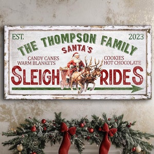 Personalized Santa&#39;s Sleigh Rides Sign, Holiday Christmas Spirit, Custom Family Name Sign, Old Fashioned Reindeer Sleigh Decor, Xmas Sign