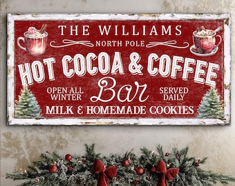 Personalized Christmas Hot Cocoa & Coffee Bar Sign, Custom Santas Hot Cocoa Sign, Retro Christmas Blend Decor, Farmhouse Kitchen Xmas Sign