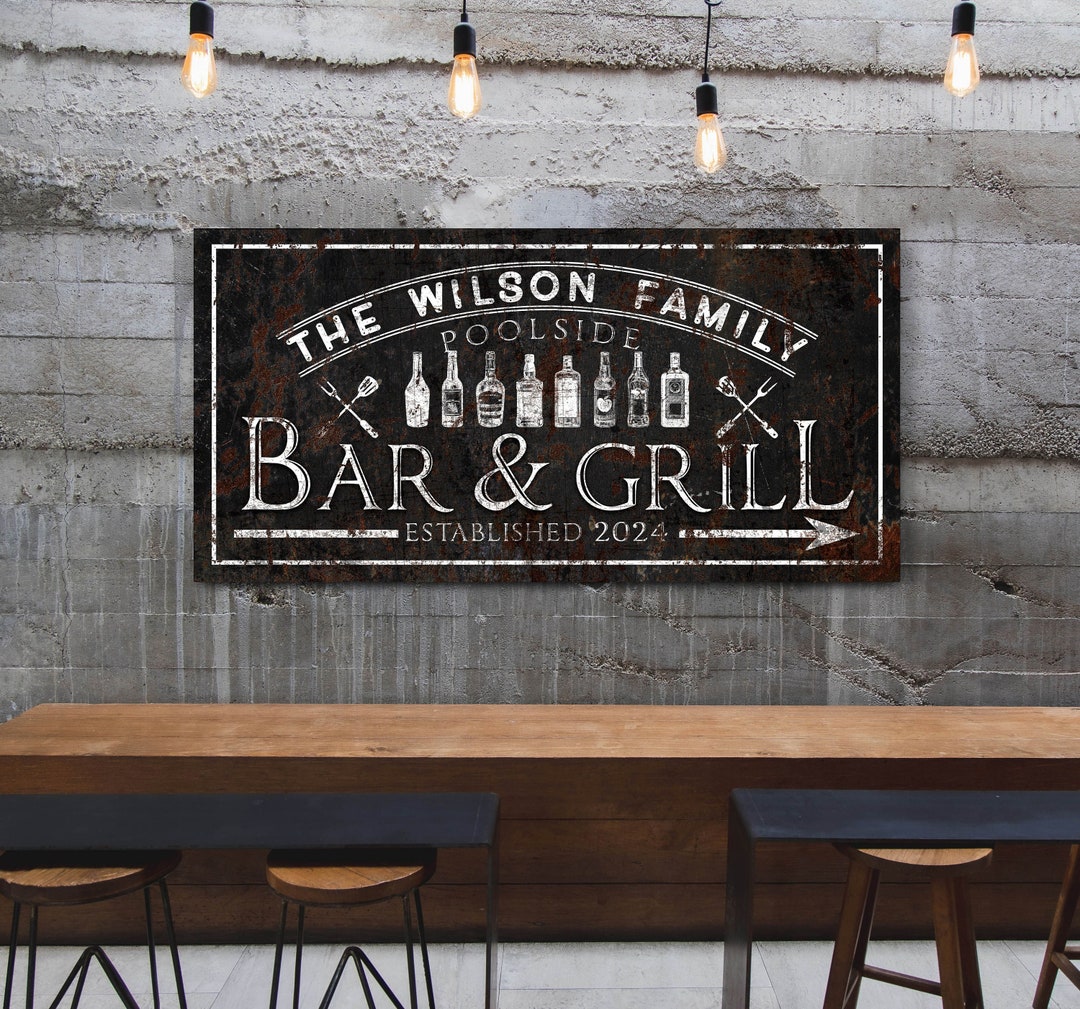 Custom Bar & Grill Sign, Backyard Bbq Sign, Personalized Bar Sign for Home Bar, Custom Family