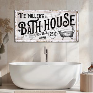 Personalized Bath House Sign, Vintage Family Name Bathroom Sign, Wash Room Wall Art, Modern Farmhouse Bathroom Decor, Rustic Canvas Print