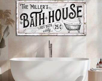 Personalized Bath House Sign, Vintage Family Name Bathroom Sign, Wash Room Wall Art, Modern Farmhouse Bathroom Decor, Rustic Canvas Print