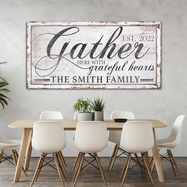 Customized Gather Here With Grateful Hearts Sign, Vintage Kitchen Wall