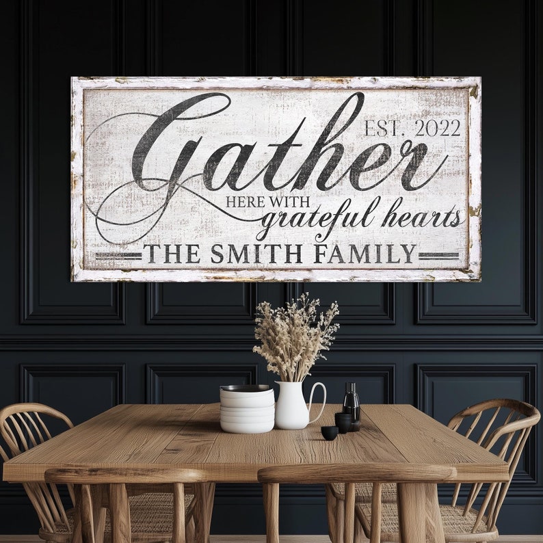 Customized Gather Here With Grateful Hearts Sign, Vintage Kitchen Wall