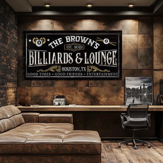 Custom Billiards & Lounge Sign, Pool Table Sign, Vintage Game Room Decor, Man Cave Wall Art, Farmhouse Wall Decor, Large Rustic Canvas Decor