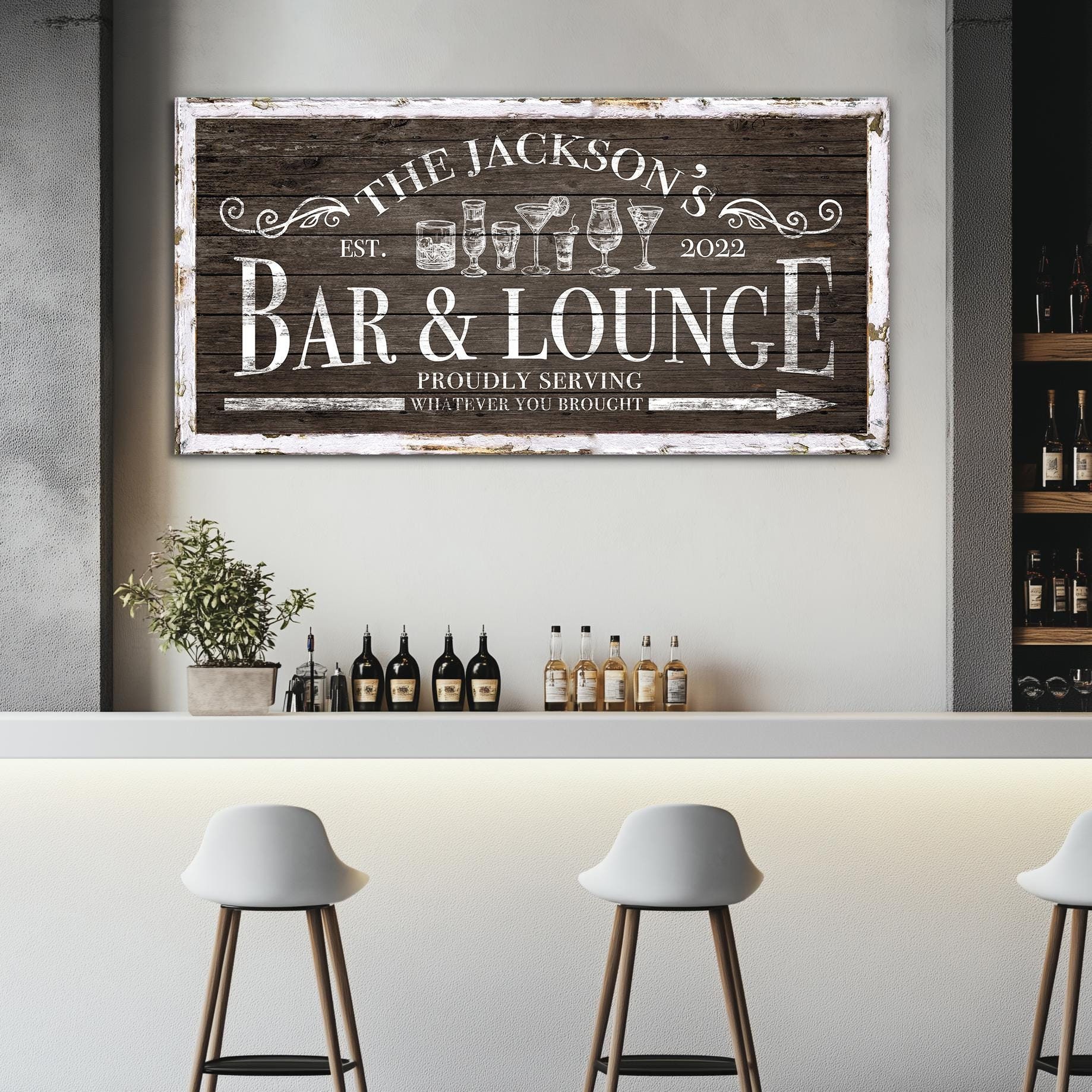 Custom Bar & Lounge Sign, Last Name Home Bar Sign, Man Cave Sign, Garage Bar Wall Decor, Proudly Serving Sign, Gift For Father, Large Canvas