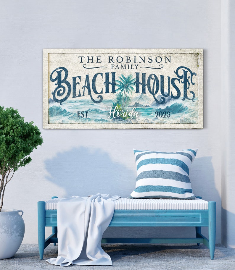 Personalized Beach House Sign, Custom Beach House Canvas Art With Family Name, Coastal Home