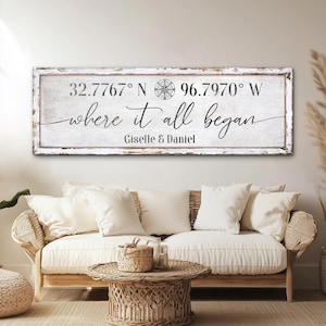 May include: White wooden sign with distressed paint featuring the text "32.7767° N 96.7970° W where it all began Giselle & Daniel" with a compass icon.
