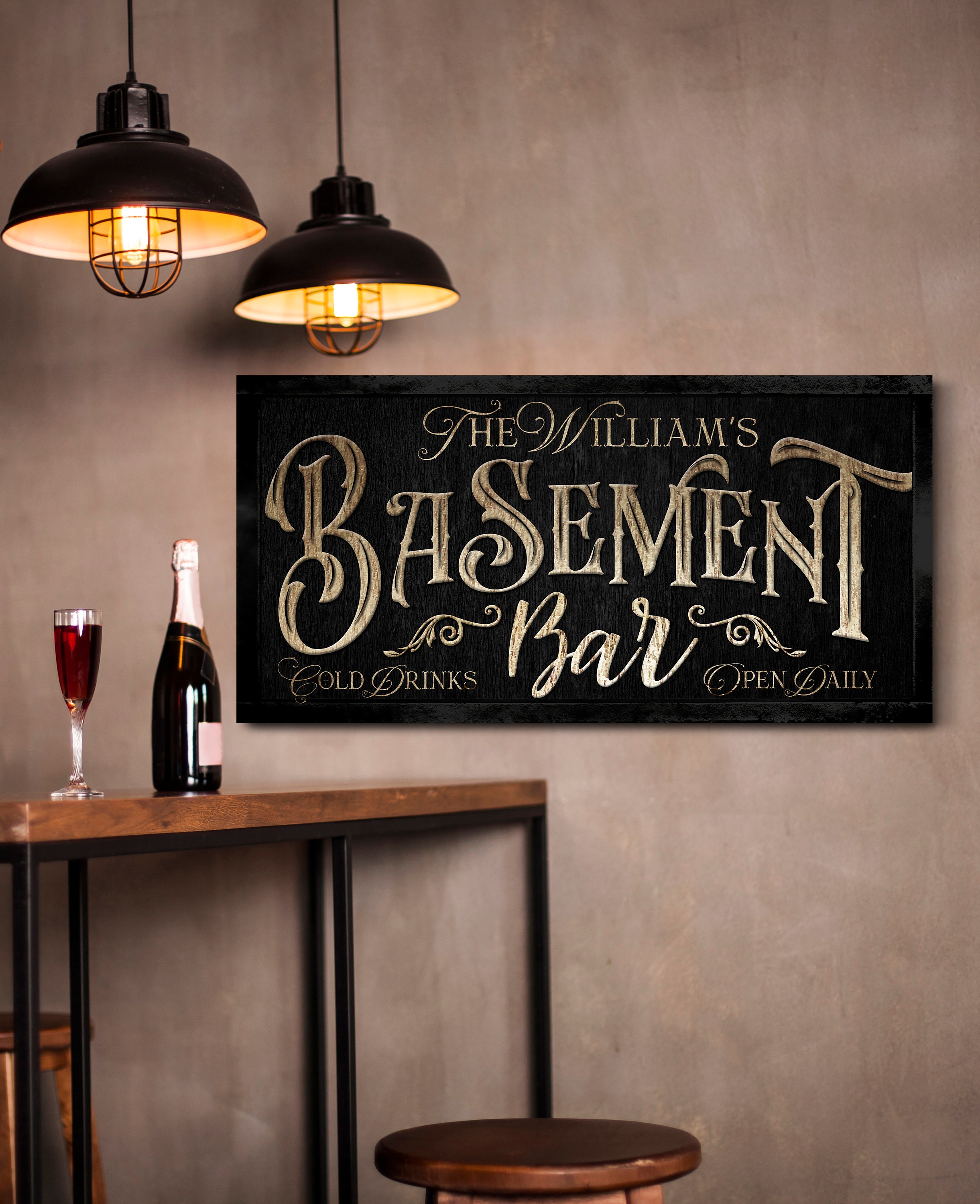Personalized Basement Bar Sign, Custom Family Name Canvas Art, Rustic