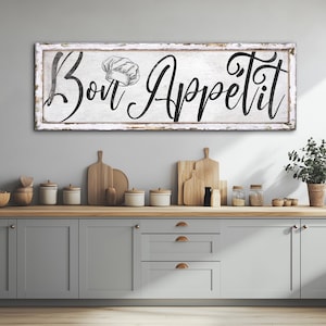 Bon Appetite Sign, Vintage Kitchen Wall Art, Dining Room Sign, Above Dining Table Decor, Modern Farmhouse Kitchen Sign, Rustic Canvas Print