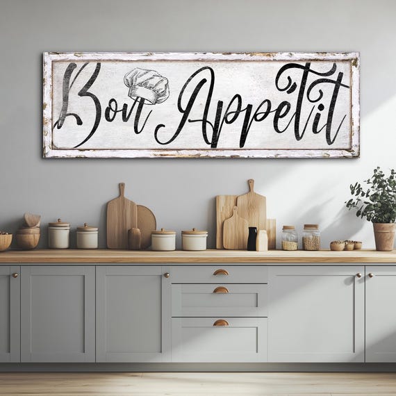 Bon Appetite Sign, Vintage Kitchen Wall Art, Dining Room Sign, Above Dining Table Decor, Modern Farmhouse Kitchen Sign, Rustic Canvas Print