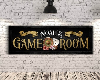 Anpassad spelrumsskylt, personlig arkadväggdekoration med efternamn, väggdekoration för man cave pokerrum, rustikt lekrum, stor canvastavla