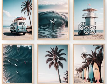 Surfboard Coastal Beach Gallery Wall Set of 6 Prints