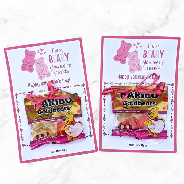 Gummy Bear Valentine Printable Card for Kids Classroom Exchange Gift - Beary Glad We're Friends - Editable in Canva