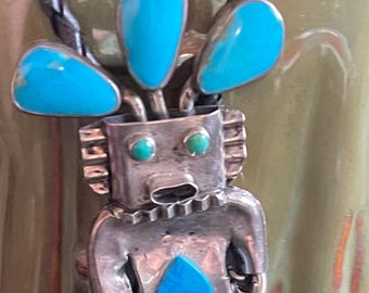 Vintage Navajo Sterling Silver Kachina Bolo Tie with Turquoise Inlay