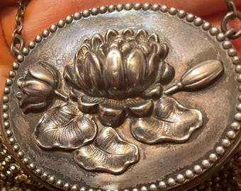 Antique Floral Silver Micro Bead Chatelaine Purse with Embossed Lid
