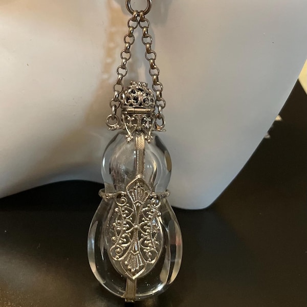 Antique Cut Crystal Perfume Bottle Pendant: Sterling Silver Filigree Necklace