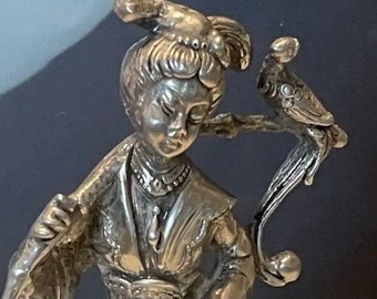 Vintage  Sterling Silver Chinese Guan Yin Figurine With Bird 20th Century , Israel