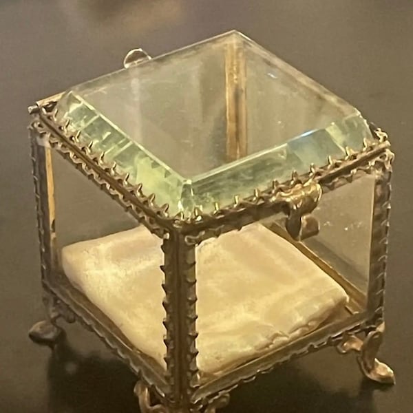 Antique  French Style Small Thick Beveled Paneled Glass Footed Jewelry Stand Casket