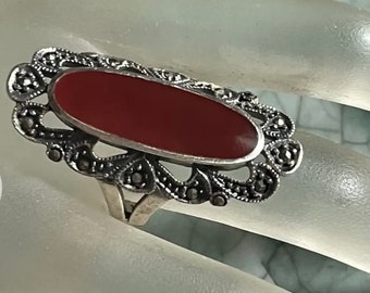 Gorgeous Vintage Sterling Silver Red Carnelian With Marcasite Ring