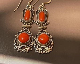 Vintage Navajo Coral Sterling Silver Drop Earrings