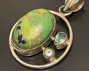 Unusual Vintage Green Turquoise With Aquamarine And Pearl Sterling Silver Pendant