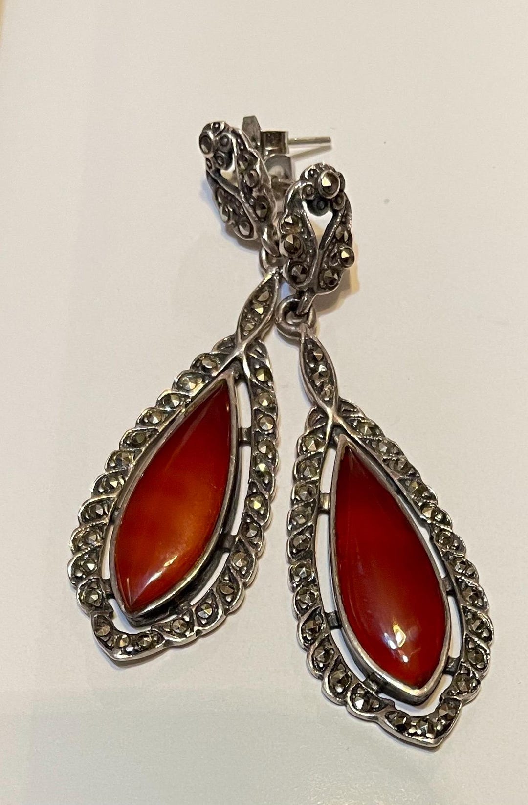 Vintage Art Deco Carnelian Marcasite Sterling Silver Dangle Earrings - Etsy