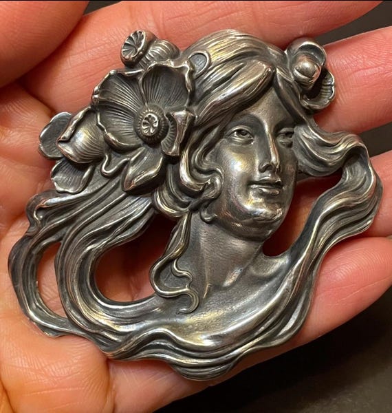 Art Nouveau Sterling Silver Brooch: William Kerr Lady Profile