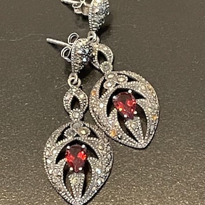 Art Deco Style Vintage Garnet & Marcasite Sterling Silver Dangle Earrings