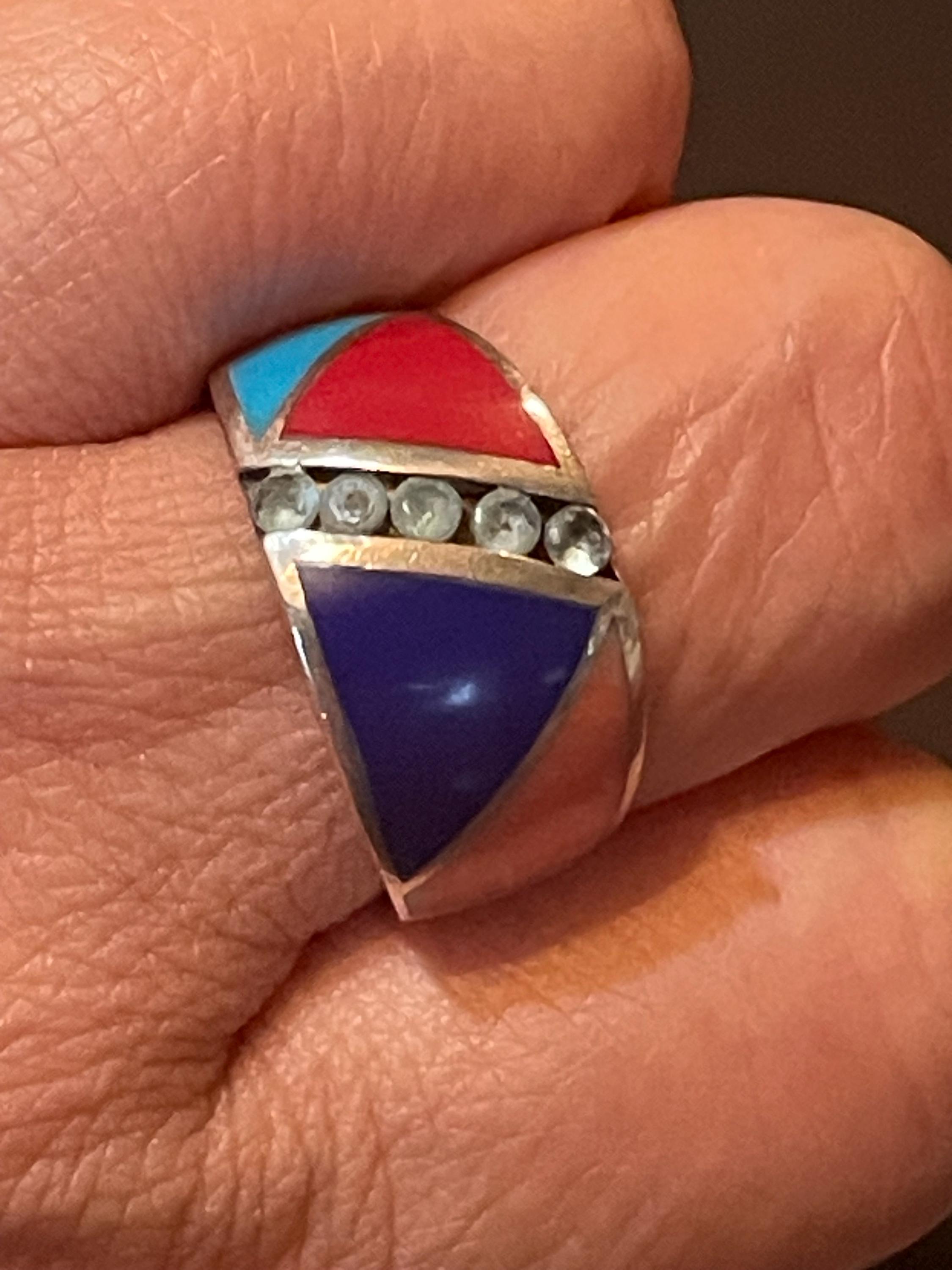 Geometric Inlay Ring Vintage Multi-stone Inlay Sterling Silver Ring With Geometric Design ...