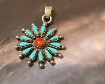 Vintage Sterling Silver Turquoise and Red Coral Cluster Pendant
