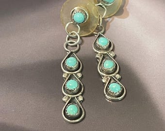 Vintage Zuni Sterling Silver Turquoise Petit Point Snake Eyes Dangle Earrings