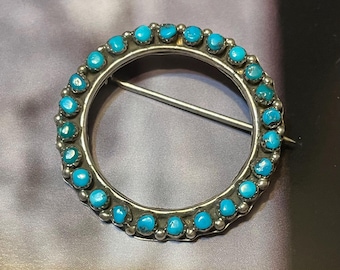 Vintage Zuni Sterling Silver Turquoise Snake Eyes Wreath Brooch