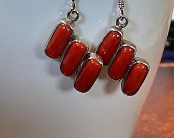 Vintage Sterling Silver Natural Coral Dangle Earrings