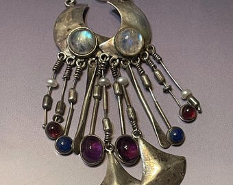 Rainbow Moonstone Fringe Earrings: Sterling Silver Crescent Moon Dangle